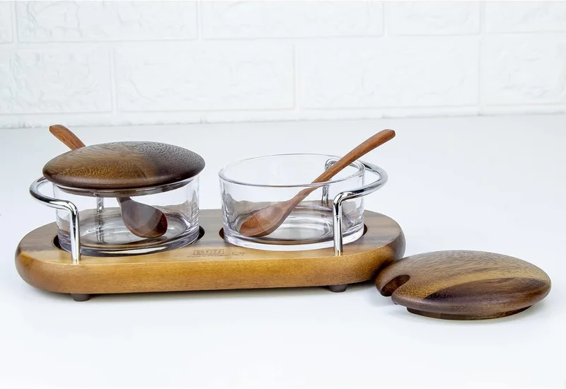 بيلي برطمانات توابل زجاجية مع غطاء وملعقة وقاعدة خشبية ومقبض كروم